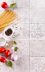 Italian pasta ingredients on table. Food cooking. Top view. Copy space.