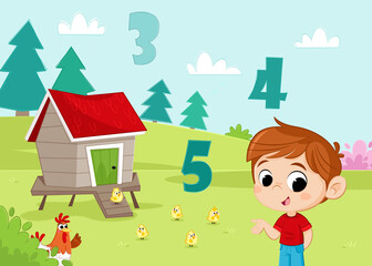 Back to school - Three, four, five - Learning numbers - Little farm boy counting clouds, trees and chickens - Educational poster for preschool and school children
