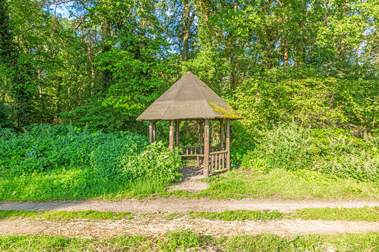 Image of a hiker's shelter in a forest path in summer