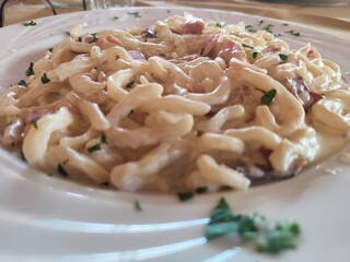 strozzapreti, italian fresh pasta with mushrooms, bacon and cream, dumplings with mushrooms