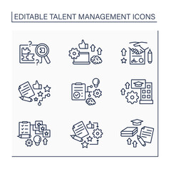 Talent management line icons set. Research new employees. Self-improving. Improving business performance concept. Isolated vector illustrations. Editable stroke