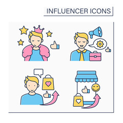 Influencer color icons set. Mega influencer, marketplace, advertising, industry expert. Blogging concept. Isolated vector illustration