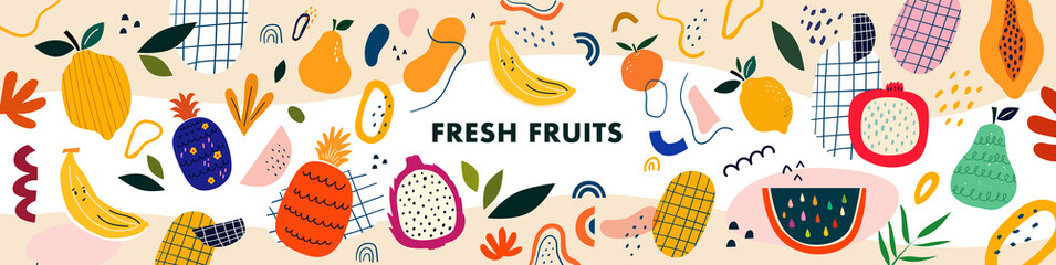 Fresh stylish template with abstract elements, doodles and fruits.	
