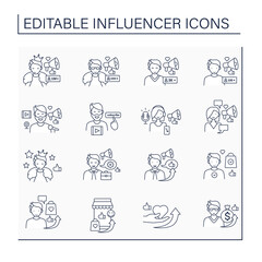 Influencer line icons set. Share information, knowledge, thoughts on audiences. Influencer advertising, marketing, sponsorship. Blogging concept. Isolated vector illustration. Editable stroke