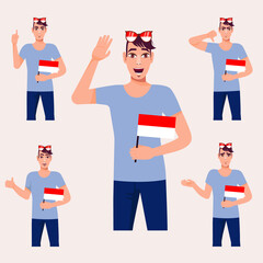 A beautiful man with the Indonesian flag. A set of fan emotions. Vector illustration on cartoon style.