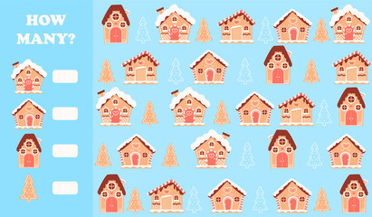 Printable worksheet for kids for counting gingerbread houses in cartoon style, christmas and new year educational riddle for children books, winter scene, math exercise for preschoolers