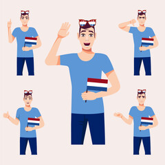A handsome man with the Dutch flag. A set of fan emotions. Vector illustration on cartoon style.