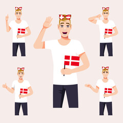 An attractive man with the Danish flag. A set of fan emotions. Vector illustration on cartoon style.