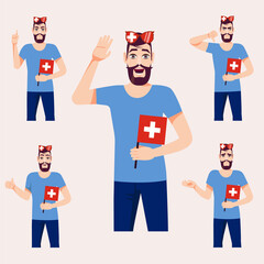 An attractive man with the Swiss flag. A set of fan emotions. Vector illustration on cartoon style.
