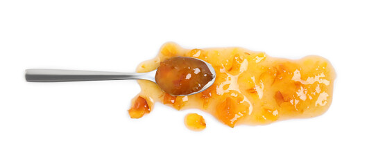 Spoon with delicious apple jam on white background, top view