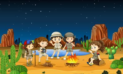 Kids summer camping concept Group of teens make a camp at nature, In Nighttime cute children at summer forest Enjoying Bonefire Flate Graphics