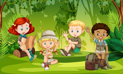 Kids summer camping concept Group of teens at nature, In Day time cute children at summer forest Enjoying Flate Graphics