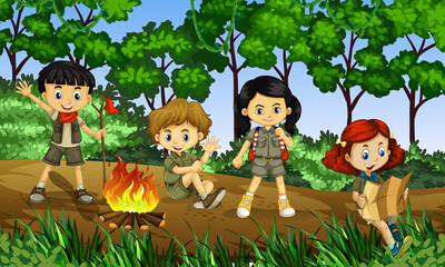 Kids summer camping concept Group of teens makes a camp at nature, In Day time cute children at summer forest Enjoying Bonefire Flate Graphics