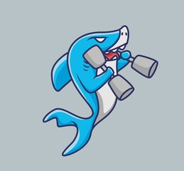 Cute strong cartoon animal baby shark lifting a weighted dumbbell for bodybuilding at gym. Isolated Flat Style Icon illustration Premium Vector Logo Sticker Mascot
