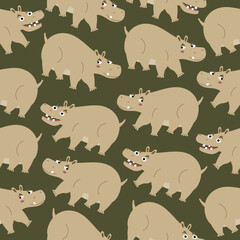Adorable and creepy hippopotamus with funny eyes. Safari animals hand drawn vector illustration. Cute baby character. African hippo seamless pattern.