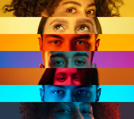 Collage of close-up male and female eyes isolated on colored neon backgorund. Multicolored stripes....