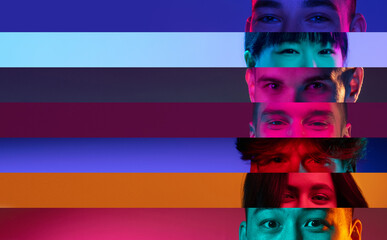 Collage of close-up male and female eyes isolated on colored neon backgorund. Multicolored stripes....