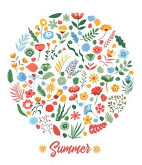 Summer floral rounded banner with blooming plants