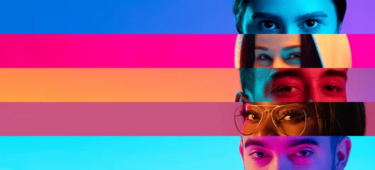Fotobehang Collage van close-up mannelijke en vrouwelijke ogen geïsoleerd op gekleurde neon backgorund. Veelkleurige strepen. Concept van gelijkheid, eenwording van alle naties, leeftijden en belangen © master1305