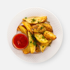 fried potato wedges on a white plate