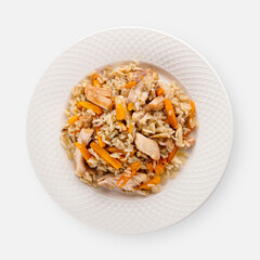 pilaf with chicken on a white background