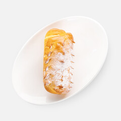 sweet fresh buns with powdered sugar on white background