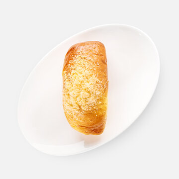 sweet fresh buns with powdered sugar on white background