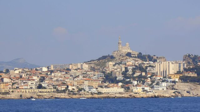 Skyline of Marseille with a view on the 7th arrondissement, Endoume district, Pointe d'Endoume and Pointe Cadiere from the Mediterranean sea 