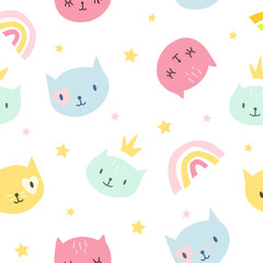 Childrens cartoon seamless pattern cute cats on a white background. Perfect for printing on fabric, wrapped paper, wallpaper, nursery clothing.