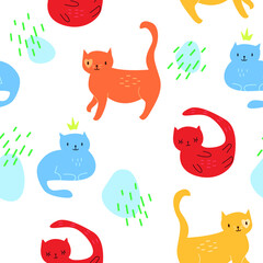 Vector seamless pattern with cats on a white background. Animal cartoon illustration.