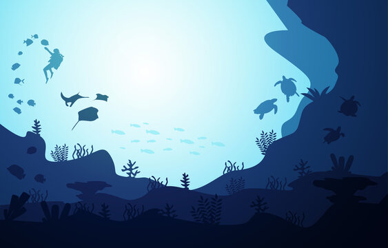 Diver Diving Wildlife Fish Sea Animals Underwater Aquatic Illustration