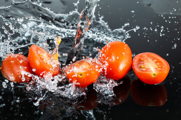chopped halves and whole fresh tomato on dark glass with splashing water