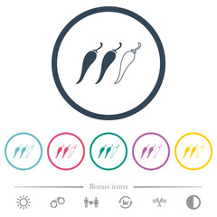 Spicy chili pepper level flat color icons in round outlines