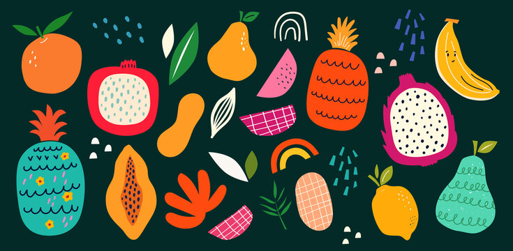 Fresh stylish template with abstract elements, doodles and fruits.	