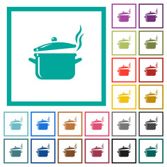 Steaming glossy pot with lid flat color icons with quadrant frames