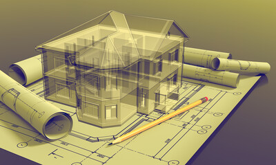 Construction concept. Two-storey house construction project. House plan on the drawings. 3d illustration