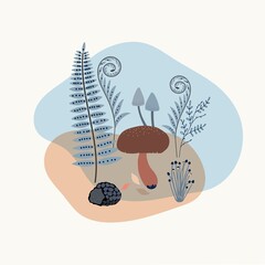 Minimalistic drawing of a forest mushroom, ferns, isolated, brown and blue color design on white background. Symbol, icon, vector illustration, botanical elements, style of minimalist, hand drawn. 