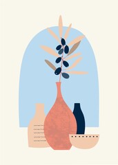 Composition of abstract shapes, vases and botanical elements, style minimalism, hand drawn. Packaging, wallpaper, poster, room interior decor, design for textiles, postcard, concept, clipart, vector