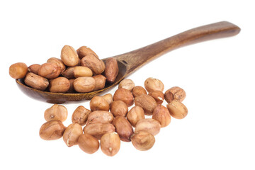 Obraz premium Peanut in wood spoon on white background.