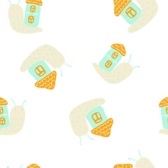 Pastel colored vector seamless pattern of snails with houses. Perfect for T-shirt, textile and prints. Hand drawn illustration for decor and design.
