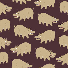 Creepy hippo with funny eyes. Safari animals on a purple background. Adorable character hand drawn vector illustration. African hippopotamus seamless pattern.