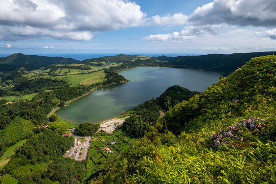 View over the Landscape of Furnas Lagoon - "Lagoa das Furnas" from the viewpoint "Pico do Ferro".  S&atilde;o Miguel Island in the Azores, Portugal.