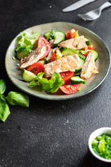 fresh salad chicken breast vegetables tomato, cucumber, lettuce diet food vitamin meal snack on the table copy space food background rustic. top view keto or paleo diet veggie 