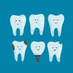 Set of clean and sick dental characters on blue background, teeth whitening. Dental health concept. flat Oral care, teeth restoration. White teeth.