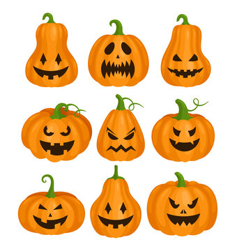 Pumpkin Helloween scary faces set vector illustration. Cartoon monster orange pumpkins, jack lantern for Halloween party greeting card, spooky creepy facial smiles on carved squash isolated on white