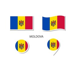 Moldova flag logo icon set, rectangle flat icons, circular shape, marker with flags.