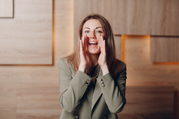 Business woman young adult coach yelling at office