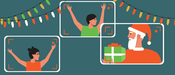 Christmas santa claus broadcast for kids, flat vector stock illustration with online video call with children