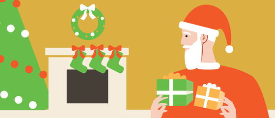 Christmas santa claus by the fireplace, flat vector stock illustration with santa claus with gifts, christmas tree and decor