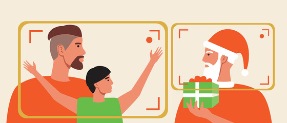 Father, son online, christmas video call with santa claus, flat vector stock illustration with online communication with santa